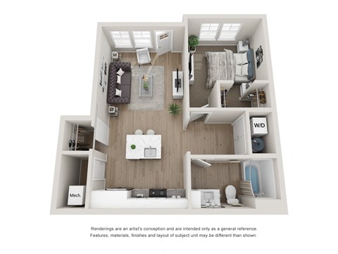 Floor plan for 1 bed, 1 bath, 753 sqft